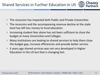 Shared Services in Further Education in US

The recession has impacted both Public and Private Universities
The recession and the accompanying revenue decline at the state
level has left less money to fund education
Increasing student fees alone has not been sufficient to close the
budget at many Universities and Colleges
Many institutions are looking to shared services to help them close
the budget gap, increase efficiencies and provide better service.
5 years ago shared services was not very developed in Higher
Education in the US but that is changing fast.

North America | Latin America | Europe | Middle East & Africa | Asia-Pacific
North America | Latin America | Europe | Middle East | Africa | Asia
©Chazey Partners 2013

14

 