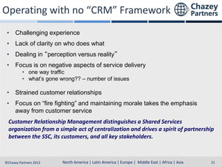 Operating with no “CRM” Framework
• Challenging experience
• Lack of clarity on who does what
• Dealing in “perception versus reality”
• Focus is on negative aspects of service delivery
• one way traffic
• what’s gone wrong?? – number of issues

• Strained customer relationships
• Focus on “fire fighting” and maintaining morale takes the emphasis
away from customer service
Customer Relationship Management distinguishes a Shared Services
organization from a simple act of centralization and drives a spirit of partnership
between the SSC, its customers, and all key stakeholders.
North America | Latin America | Europe | Middle East & Africa | Asia-Pacific
North America | Latin America | Europe | Middle East | Africa | Asia
©Chazey Partners 2013

21

 