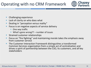 Operating with no CRM Framework
Challenging experience
Lack of clarity on who does what
Dealing in “perception versus reality”
Focus is on negative aspects of service delivery
One way traffic
What’s gone wrong?? – number of issues

Strained customer relationships
Focus on “fire fighting” and maintaining morale takes the emphasis away
from customer service
The Customer Interaction Framework distinguishes a transformed
Common Services organization from a simple act of centralization and
drives a spirit of partnership between the CSO, its customers, and all key
stakeholders

North America | Latin America | Europe | Middle East & Africa | Asia-Pacific
North America | Latin America | Europe | Middle East | Africa | Asia
©Chazey Partners 2013

32

 