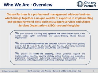 Who We Are · Overview
Chazey Partners is a professional management advisory business,
which brings together a unique wealth of expertise in implementing
and operating world class Business Support Services and Shared
Services Organizations (SSOs) around the globe
We pride ourselves in having built, operated and turned around some of the
world’s most
Organizations

highly

commended

and

ground-breaking

Shared

Services

We have operationally delivered and consulted numerous programmes globally,
over the last 20 years, in the US, Canada, Latin America, UK, Ireland, Continental
Europe, India, Singapore, Australia, China, Middle East and Africa

We

provide an end-to-end capability, advice, guidance, support and
implementation expertise, covering strategy setting, business case production,
programme management, outsourcing assessment, implementation, process
optimization, technology enablement, training, and change management

North America | Latin America | Europe | Middle East & Africa | Asia-Pacific
North America | Latin America | Europe | Middle East | Africa | Asia
©Chazey Partners 2013

4

 