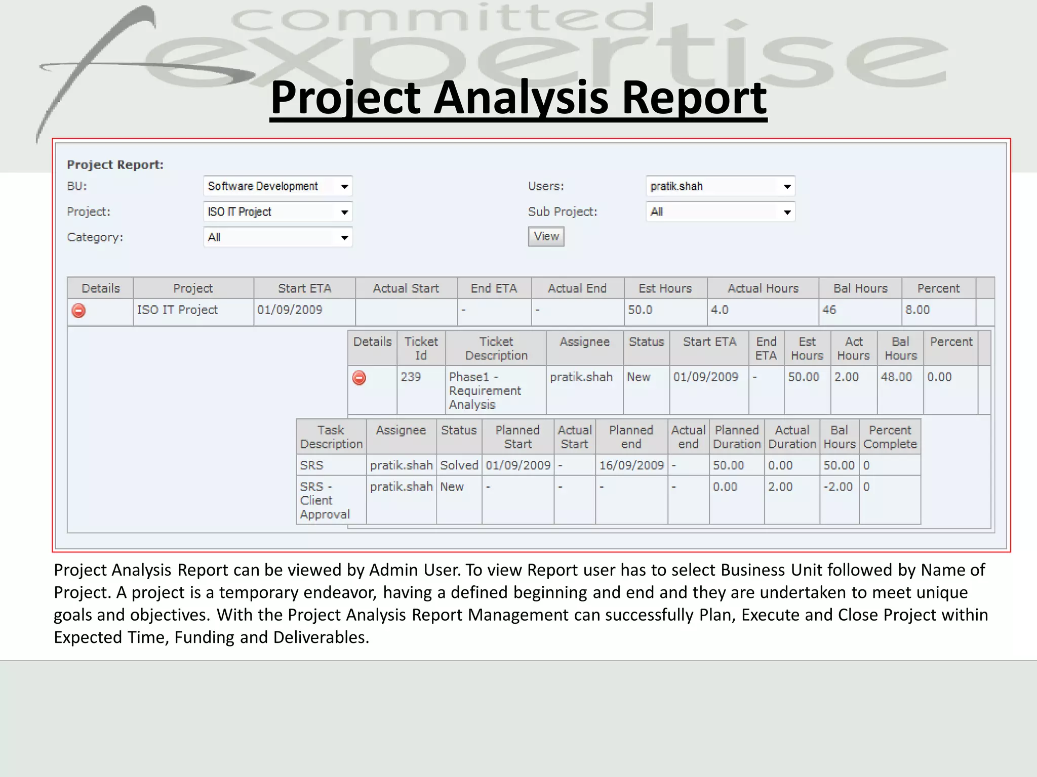 Project Analysis Report




Project Analysis Report can be viewed by Admin User. To view Report user has to select Business Unit followed by Name of
Project. A project is a temporary endeavor, having a defined beginning and end and they are undertaken to meet unique
goals and objectives. With the Project Analysis Report Management can successfully Plan, Execute and Close Project within
Expected Time, Funding and Deliverables.
 