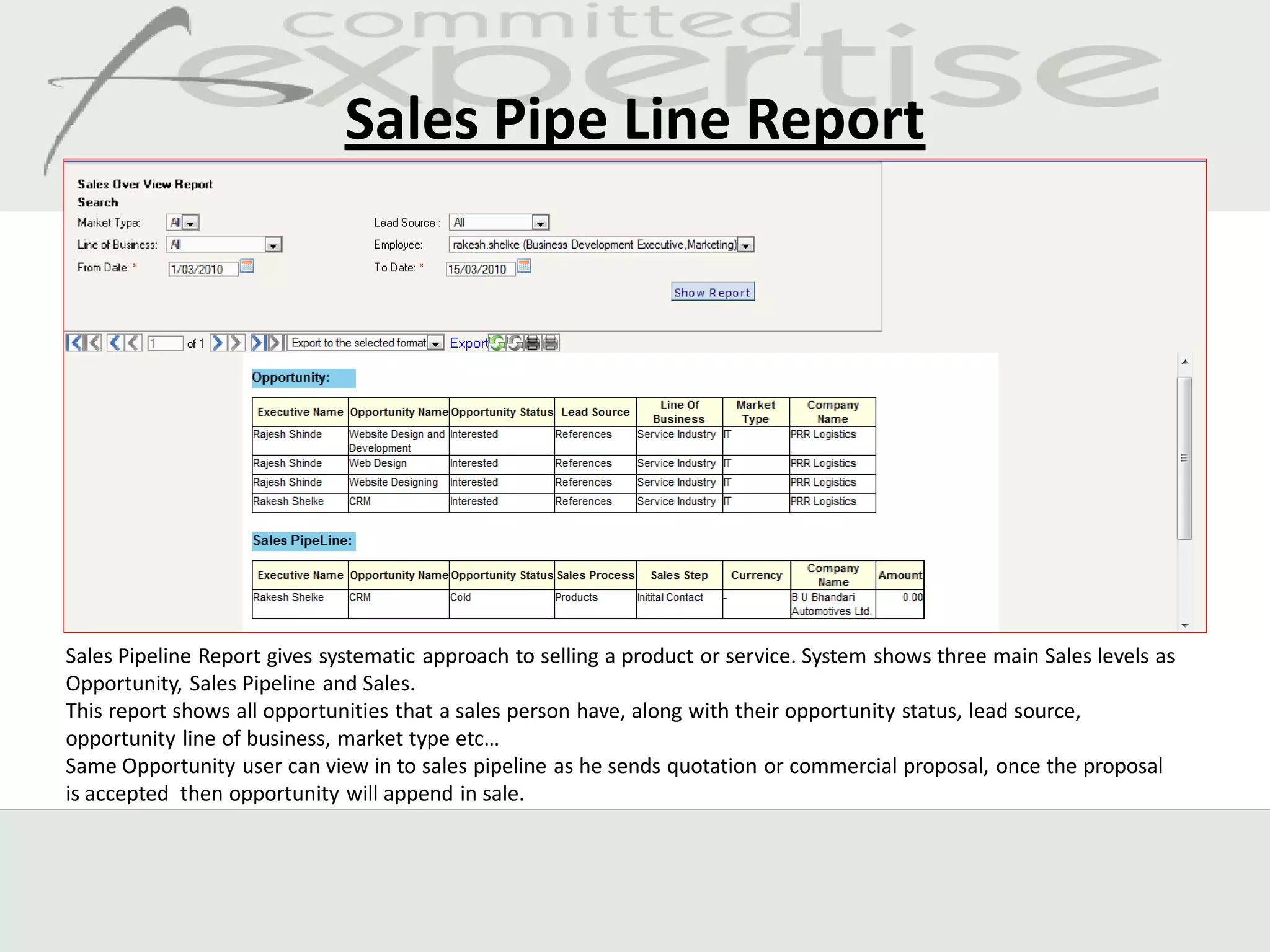 Sales Pipe Line Report




Sales Pipeline Report gives systematic approach to selling a product or service. System shows three main Sales levels as
Opportunity, Sales Pipeline and Sales.
This report shows all opportunities that a sales person have, along with their opportunity status, lead source,
opportunity line of business, market type etc…
Same Opportunity user can view in to sales pipeline as he sends quotation or commercial proposal, once the proposal
is accepted then opportunity will append in sale.
 