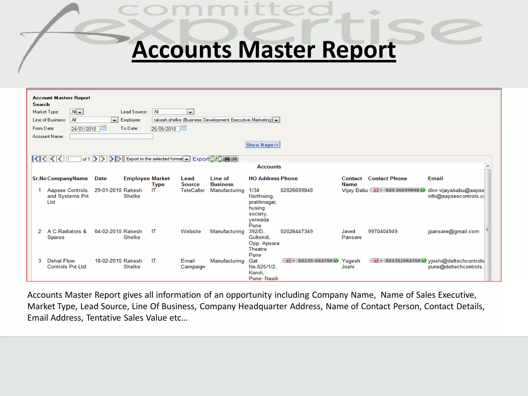 Accounts Master Report




Accounts Master Report gives all information of an opportunity including Company Name, Name of Sales Executive,
Market Type, Lead Source, Line Of Business, Company Headquarter Address, Name of Contact Person, Contact Details,
Email Address, Tentative Sales Value etc…
 