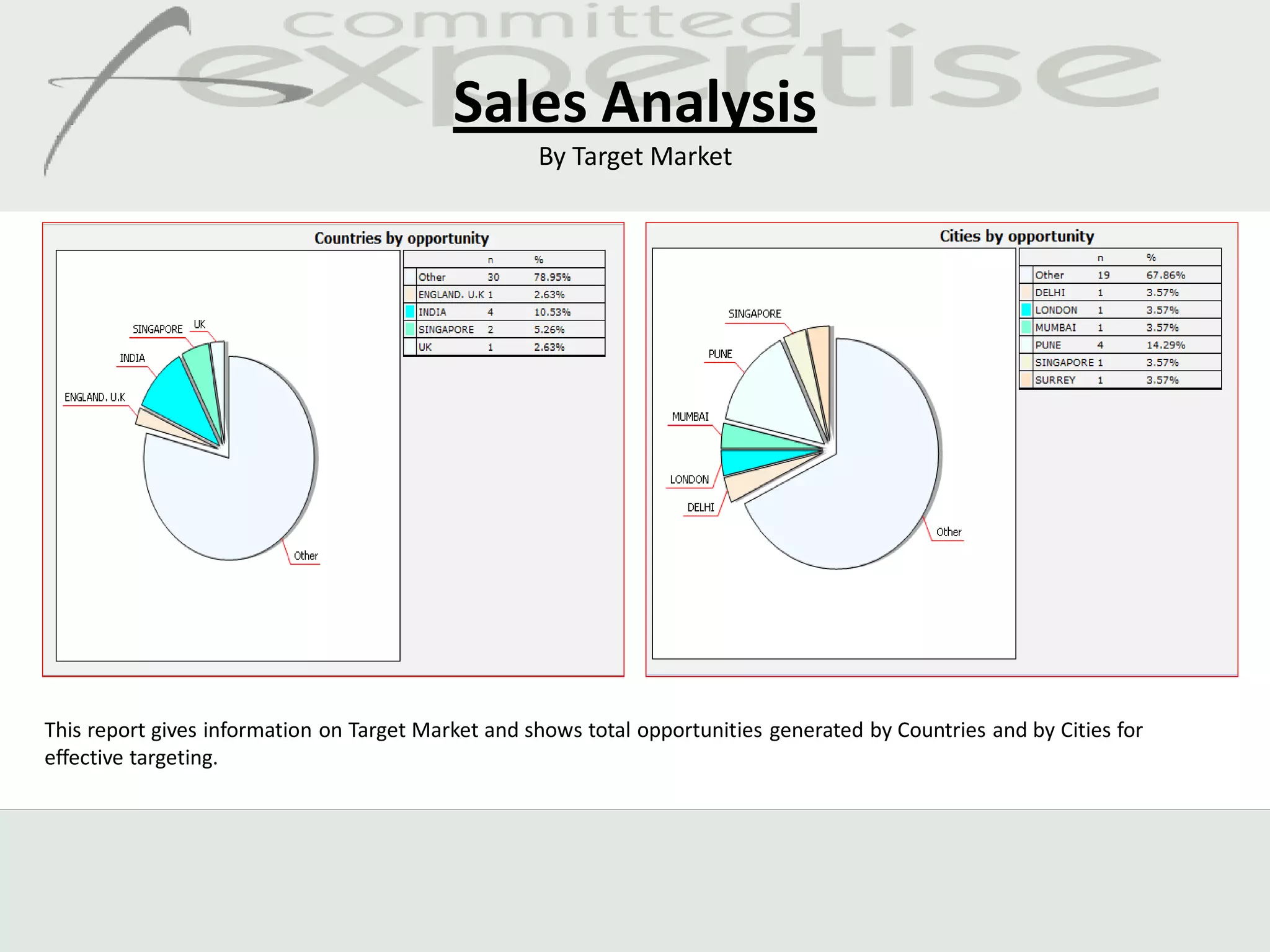 Sales Analysis
                                                    By Target Market




This report gives information on Target Market and shows total opportunities generated by Countries and by Cities for
effective targeting.
 