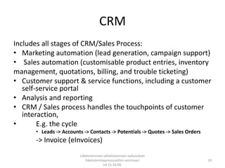 CRM<br />Includes all stages of CRM/Sales Process:<br />Marketing automation (lead generation, campaign support)<br /> Sal...