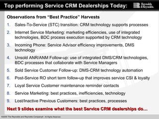©2005 The Reynolds and Reynolds Company® - All Rights Reserved.
Top performing Service CRM Dealerships Today:
Observations from “Best Practice” Harvests
1. Sales-To-Service (STC) transition: CRM technology supports processes
2. Internet Service Marketing: marketing efficiencies, use of integrated
technologies, BDC process execution supported by CRM technology
3. Incoming Phone: Service Advisor efficiency improvements, DMS
technology
4. Unsold ANR/ANM Follow-up: use of integrated DMS/CRM technologies,
BDC processes that collaborate with Service Managers
5. Sold Service Customer Follow-up: DMS-CRM technology automation
6. Post-Service RO short term follow-up that improves service CSI & loyalty
7. Loyal Service Customer maintenance reminder contacts
8. Service Marketing: best practices, inefficiencies, technology
9. Lost/Inactive Previous Customers: best practices, processes
Next 9 slides examine what the best Service CRM dealerships do…Next 9 slides examine what the best Service CRM dealerships do…
 