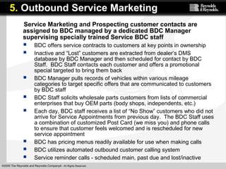 ©2005 The Reynolds and Reynolds Company® - All Rights Reserved.
Service Marketing and Prospecting customer contacts are
assigned to BDC managed by a dedicated BDC Manager
supervising specially trained Service BDC staff
 BDC offers service contracts to customers at key points in ownership
 Inactive and “Lost” customers are extracted from dealer’s DMS
database by BDC Manager and then scheduled for contact by BDC
Staff. BDC Staff contacts each customer and offers a promotional
special targeted to bring them back
 BDC Manager pulls records of vehicles within various mileage
categories to target specific offers that are communicated to customers
by BDC staff
 BDC Staff solicits wholesale parts customers from lists of commercial
enterprises that buy OEM parts (body shops, independents, etc.)
 Each day, BDC staff receives a list of “No Show” customers who did not
arrive for Service Appointments from previous day. The BDC Staff uses
a combination of customized Post Card (we miss you) and phone calls
to ensure that customer feels welcomed and is rescheduled for new
service appointment
 BDC has pricing menus readily available for use when making calls
 BDC utilizes automated outbound customer calling system
 Service reminder calls - scheduled main, past due and lost/inactive
5. Outbound Service Marketing
 
