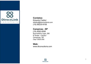 Consultoria de Vendas que
Atua na Estruturação, Fusão e
Implantação de Áreas
Comerciais.
18 anoswww.dlconsultoria.com
Com que atuamos:
Estratégia Comercial
Gestão da Carteira de Clientes
Gestão Interna de Pedidos
Gestão da Força de Vendas
Treinamento & Desenvolvimento
13
A Direct Link Consultoria
 