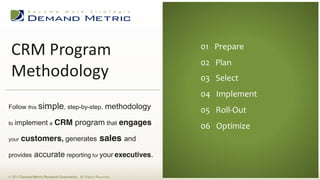 01      Executive  Summary  
02      Situation  Analysis  
03      Planning  
04      Administration  
05      Measurement  
06      Budget  
01      Prepare  
02      Plan  
03      Select  
04      Implement  
05      Roll-­‐Out  
06      Optimize  
CRM  Program  
Methodology  
© 2013 Demand Metric Research Corporation. All Rights Reserved.
Follow this simple, step-by-step, methodology
to implement a CRM program that engages
your customers, generates sales and
provides accurate reporting for your executives.
 