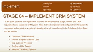 STAGE 04 IMPLEMENT CRM SYSTEM
To this point, you have built organization buy-in for a CRM program & budget, defined your CRM
requirements and selected a CRM system. Now, its time to implement and configure the CRM system for
your needs and complete any systems integrations that will be performed in the first phase. In this Stage
you will need to:
Contract a CRM Consultant
Prepare & Migrate Business Data
Map Business Processes
Configure CRM System
Integrate Third-Party Systems
Implement
01  Prepare  
02  Plan  
03  Select   06  Optimize  
05  Roll-­‐Out  
04  Implement  
 