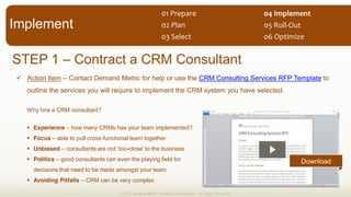 STEP 1 Contract a CRM Consultant
Action Item Contact Demand Metric for help or use the CRM Consulting Services RFP Template to
outline the services you will require to implement the CRM system you have selected.
© 2013 Demand Metric Research Corporation. All Rights Reserved.
Why hire a CRM consultant?
Experience how many CRMs has your team implemented?
Focus able to pull cross-functional team together
Unbiased -
Politics good consultants can even the playing field for
decisions that need to be made amongst your team.
Avoiding Pitfalls CRM can be very complex
Implement
01  Prepare  
02  Plan  
03  Select   06  Optimize  
05  Roll-­‐Out  
04  Implement  
Download
 