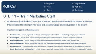 STEP 1 Train Marketing Staff
Action Item Show Marketing users how to execute campaigns with the new CRM system, and ensure
they understand how to import new leads and accounts without creating duplicates in the system.
Important training points for Marketing users:
Lead Source how to tag leads by first touch campaign to track ROI on marketing campaign investments.
Campaigns how to track opportunities generated and won to determine cost per customer and ROI
Email Templates how to configure/build standardized email templates for the sales reps to use
Importing Leads how to import new records into the system correctly to ensure no duplicates are created
Data Updating how to update existing records in the system with additional data such as employee/revenue size
Lead Qualification & Allocation how to properly qualify & allocate leads systematically with a repeatable process
© 2013 Demand Metric Research Corporation. All Rights Reserved.
Roll-Out
01  Prepare  
02  Plan  
03  Select   06  Optimize  
05  Roll-­‐Out  
04  Implement  
 