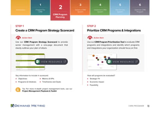 13CRM PROGRAM
Introduction
2
Objectives
Programs & Initiatives
Strategic Fit
Economic Impact
Feasibility
Metrics & KPIs
Timeframes and Goals
Create a CRM Program Strategy Scorecard Prioritize CRM Programs & Integrations
STEP 1 STEP 2
Action Item Action Item
Use our CRM Program Strategy Scorecard to provide
senior management with a one-page document that
clearly outlines your plan of attack.
Use our CRM Program Prioritization Tool to evaluate CRM
programs and integrations and identify which programs
and integrations your organization should focus on ﬁrst.
Key information to include in scorecard: How will programs be evaluated?
CRM Program
Planning
V I E W R E S O U R C E V I E W R E S O U R C E
Tip: For more in-depth project management tools, use our
Project Management Playbook & Toolkit
1 3 4 5 6
Prepare For
CRM
Select a CRM
System
Implement CRM
System
Roll Out the
System
Optimize CRM
Program
 