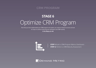 Optimize CRM Program
STAGE 6
Now that you have implemented your CRM program and system, you need to measure success and look
for ways to continue improving your operations and CRM maturity.
In this Stage you will:
STEP 1: Build a CRM Program Metrics Dashboard
STEP 2: Perform a CRM Maturity Assessment
CRM PROGRAM
 