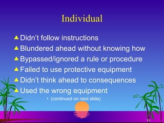 Individual Didn’t follow instructions Blundered ahead without knowing how Bypassed/ignored a rule or procedure Failed to use protective equipment Didn’t think ahead to consequences Used the wrong equipment (continued on next slide) 