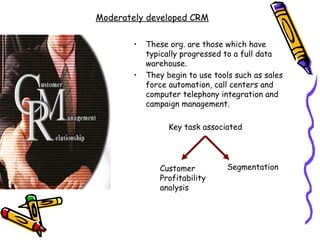 Moderately developed CRM

        •   These org. are those which have
            typically progressed to a full data
            warehouse.
        •   They begin to use tools such as sales
            force automation, call centers and
            computer telephony integration and
            campaign management.

                  Key task associated




               Customer          Segmentation
               Profitability
               analysis
 