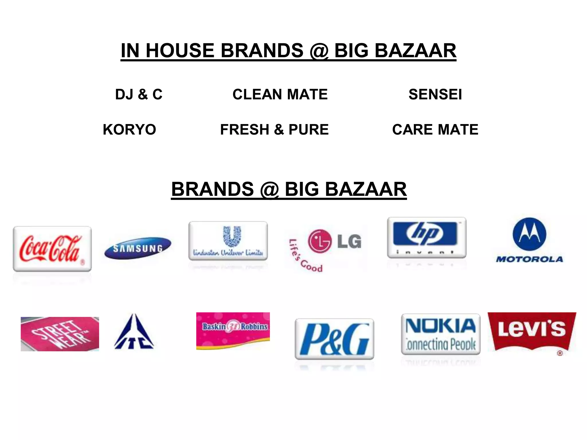 IN HOUSE BRANDS @ BIG BAZAAR

 DJ & C       CLEAN MATE        SENSEI

KORYO        FRESH & PURE   CARE MATE



          BRANDS @ BIG BAZAAR
 
