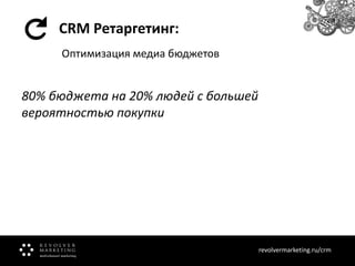 CRM Ретаргетинг:
Оптимизация медиа бюджетов

80% бюджета на 20% людей с большей
вероятностью покупки

Напомните ему об окончании страховки.

revolvermarketing.ru/crm
www.revolvermarketing.ru/crm

 