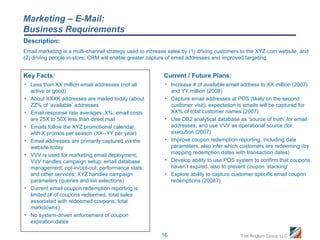 Marketing – E-Mail:
Business Requirements
Description:
Email marketing is a multi-channel strategy used to increase sales by (1) driving customers to the XYZ.com website, and
(2) driving people in-store; CRM will enable greater capture of email addresses and improved targeting.


Key Facts:                                                Current / Future Plans:
• Less than XX million email addresses (not all            • Increase # of available email address to XX million (2007)
  active or good)                                            and YY million (2008)
• About XXXK addresses are mailed today (about             • Capture email addresses at POS (likely on the second
  ZZ% of ‘available’ addresses                               customer visit); expectation is emails will be captured for
• Email response rate averages .X%; email costs              XX% of total customer names (2007)
  are 25X to 50X less than direct mail                     • Use DB2 analytical database as ‘source of truth’ for email
• Emails follow the XYZ promotional calendar,                addresses, and use VVV as operational source (for
  with X promos per season (XX--YY per year)                 execution (2007)
• Email addresses are primarily captured via the           • Improve coupon redemption reporting, including date
  website today                                              parameters, also infer which customers are redeeming (by
• VVV is used for marketing email deployment;                mapping redemption dates with transaction dates)
  VVV handles campaign setup; email database               • Develop ability to use POS system to confirm that coupons
  management; opt-in/opt-out; performance stats;             haven’t expired, also to prevent coupon ‘stacking’
  and other services; XYZ handles campaign                 • Explore ability to capture customer-specific email coupon
  parameters (queries and list selections)                   redemptions (2008?)
• Current email coupon redemption reporting is
  limited (# of coupons redeemed, total sales
  associated with redeemed coupons, total
  markdowns)
• No system-driven enforcement of coupon
  expiration dates

                                                         16                               The Anglum Group LLC
 
