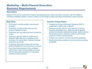 Marketing – Multi-Channel Execution:
Business Requirements
Description:
Ability for XYZ and its customers to interact seamlessly across in-store and online channels, with full visibility to
inventory availability whether in-store or online, and the ability to easily exchange merchandise in either channel.


Key Facts:                                                   Current / Future Plans:
• XYZ doesn’t currently enable cross-channel                  • Develop the Product Information Database (PID) to
  shopping                                                      supplement / replace the Lot Master
• Customers can shop online and have the                      • Develop business case for ‘near real-time’ inventory
  product shipped to a store                                    reporting capabilities (e.g., ability to properly allocate
• Customers can buy online and return product to                product and identify replenishment levels, ability to de-risk
  a store                                                       the shopping trip for customers, ability to push emails
• Customers can’t go online to confirm that a                   based on in-store inventory levels)
  particular style (and size) is available in the             • Enable ‘near real-time’ inventory reporting capabilities
  inventory of a nearby store; Famous Footwear                • Modify eCommerce website to show local store inventory
  customers can do this                                         availability
• Customers can’t shop in-store and have the
  product shipped from the eCommerce inventory
• One of the limiting factors is the Lot Master,
  which doesn’t track individual styles and sizes
  with the granularity necessary for managing
  inventory across channels




                                                            25                                 The Anglum Group LLC
 