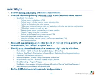 Next Steps
• Confirm timing and priority of business requirements
• Conduct additional planning to define scope of work required where needed
    • Specifically this includes:
             –   Ability to capture email address at POS
             –   Ability to capture individual customer coupon redemption date
             –   Ability to handle customer bar coded coupons
             –   POS process to collected customer credit card applications and render near-real-time credit decisions
             –   POS ability to process new credit card type
             –   Data transfers to support credit card launch, ongoing execution
             –   Rewards Program accounting infrastructure
             –   Ability to handle Reward Program requirements at POS
             –   Near real-time visibility to store-level inventory
             –   Integration of PID and real-time inventory to eCommerce website and POS
             –   Merchandising initiatives
• Revise IT support plans as needed based on revised timing, priority of
  requirements, and defined scope of work
• Identify executional taskforces for near-term high priority initiatives
    • Point-of-Sale -- Ability to Handle Complex Data Capture & Transfers
    • Customer Data Model – Modifications to Support Direct Marketing, Other Business Initiatives
    • Credit Card – Preparation and Launch
    • Rewards Program – Strategy Design, Preparation, and Launch
    • Multi-Channel Execution -- Inventory Visibility Across Channels
    • Direct Marketing -- Program Analysis
    • Real Estate – Incorporation of Customer Data and Creation of Central Tools/Data Repository
    • Merchandising – Incorporation of Customer Data
• Define CRM decision making model and processes

                                                                52                                       The Anglum Group LLC
 