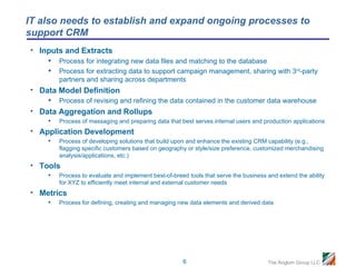 IT also needs to establish and expand ongoing processes to
support CRM
• Inputs and Extracts
      •   Process for integrating new data files and matching to the database
      •   Process for extracting data to support campaign management, sharing with 3rd-party
          partners and sharing across departments
• Data Model Definition
      •   Process of revising and refining the data contained in the customer data warehouse
• Data Aggregation and Rollups
    • Process of massaging and preparing data that best serves internal users and production applications
• Application Development
    • Process of developing solutions that build upon and enhance the existing CRM capability (e.g.,
          flagging specific customers based on geography or style/size preference, customized merchandising
          analysis/applications, etc.)
• Tools
    • Process to evaluate and implement best-of-breed tools that serve the business and extend the ability
          for XYZ to efficiently meet internal and external customer needs
• Metrics
   • Process for defining, creating and managing new data elements and derived data




                                                         6                            The Anglum Group LLC
 