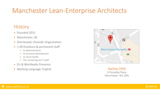  www.axelisys.co.uk @axelisys
Manchester Lean-Enterprise Architects
History
 Founded 2011
 Manchester, UK
 Distributed, Chaordic Organisation
 1-40 freelance & permanent staff
 1x administration
 1x business development
 1x social media
 The remaining are IT staff
 EU & Worldwide Presence
 Working Language: English Axelisys [HQ]
3 Piccadilly Place
Manchester M1 3BN
 