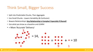  www.axelisys.co.uk @axelisys
Think Small, Bigger Success
= 14,4
4
3
3
= + = 10
9 1
• Split into Predictable Chunks, Then Aggregate
• Use Small Chunks - Lowers Variability (& Confusion)
• Beware Relationships! Any Relationship is Complex! Especially if Shared!
• Use what you know as a baseline and LEARN!
• = More ‘Accurate’ Delivery!
 