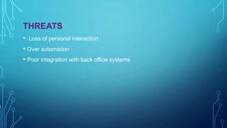 THREATS
• Loss of personal interaction
• Over automation
• Poor integration with back office systems
 