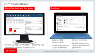Communications
Simplified Business Processes
• In-memory Upgrade Promotion – Simplified click
stream and improved Response time
Roadmap
• Customer 360
Enhancements
• Guided Navigation for
Quotes and Orders
• Partner Commerce
• Parallel Configuration
of service bundles in a
promotion
Copyright © 2015, Oracle and/or its affiliates. All rights reserved. | Oracle Confidential – Restricted 18
 