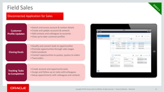 Field Sales
•Search and access account & contact details
•Create and update accounts & contacts
•Add contacts and colleagues to accounts
•View up-to-date customer profiles
Customer
Profile Updates
•Qualify and convert leads to opportunities
•Promote opportunities through sales stages
•Selectproducts
•Convert opportunities to quotes, quotes to orders
•Trackorders
Closing Deals
•Create account and opportunity tasks
•Assign and follow-up on tasks withcolleagues
•Setup appointments with colleagues and contacts
Tracking Tasks
to Completion
Disconnected Application for Sales
Copyright © 2015, Oracle and/or its affiliates. All rights reserved. | Oracle Confidential – Restricted 25
 