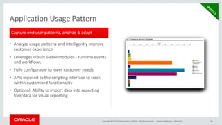 • Analyze usage patterns and intelligently improve
customer experience
• Leverages inbuilt Siebel modules - runtime events
and workflows
• Fully configurable to meet customer needs
• APIs exposed to the scripting interface to track
within customized functionality
• Optional: Ability to import data into reporting
tool/data for visual reporting
Application Usage Pattern
Capture end user patterns, analyze & adapt
Copyright © 2015, Oracle and/or its affiliates. All rights reserved. | Oracle Confidential – Restricted 30
 