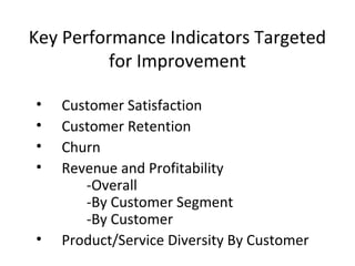• Customer Satisfaction
• Customer Retention
• Churn
• Revenue and Profitability
-Overall
-By Customer Segment
-By Customer
• Product/Service Diversity By Customer
Key Performance Indicators Targeted
for Improvement
 
