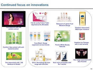 Continued focus on innovations

Fair & Lovely Future Tube:
Aspirational & affordable

Relaunch of Lakme Fruit
Moisture Range

Lux relaunch with silk
protein extract

Vaseline relaunched:
Multi layer moisture

Face Wash: Range
expansion across brands
Comfort: New variant with anti
bacterial action

Vim relaunched with “100
Nimbuon ki Shakti”

Dove: Nourishing Oil Care
range with Vita Oils

Pond’s White Beauty
Naturals

Now more accessible with
Re.1 sachet

Vaseline Lip Therapy
with 4 new variants

Deo range expanded with
Axe Provoke

53

 