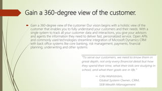 Gain a 360-degree view of the customer.
 Gain a 360-degree view of the customer Our vision begins with a holistic view of the
customer that enables you to fully understand your customers and their needs. With a
single system to track all your customer data and interactions, you give your advisors
and agents the information they need to deliver fast, personalized service. Open APIs
and commonly used technologies streamline integration of Microsoft Dynamics CRM
with back office systems like core banking, risk management, payments, financial
planning, underwriting and other systems
 