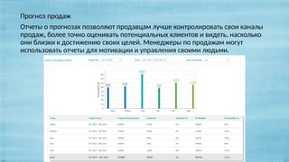 Прогноз продаж
Отчеты о прогнозах позволяют продавцам лучше контролировать свои каналы
продаж, более точно оценивать потенциальных клиентов и видеть, насколько
они близки к достижению своих целей. Менеджеры по продажам могут
использовать отчеты для мотивации и управления своими людьми.
 