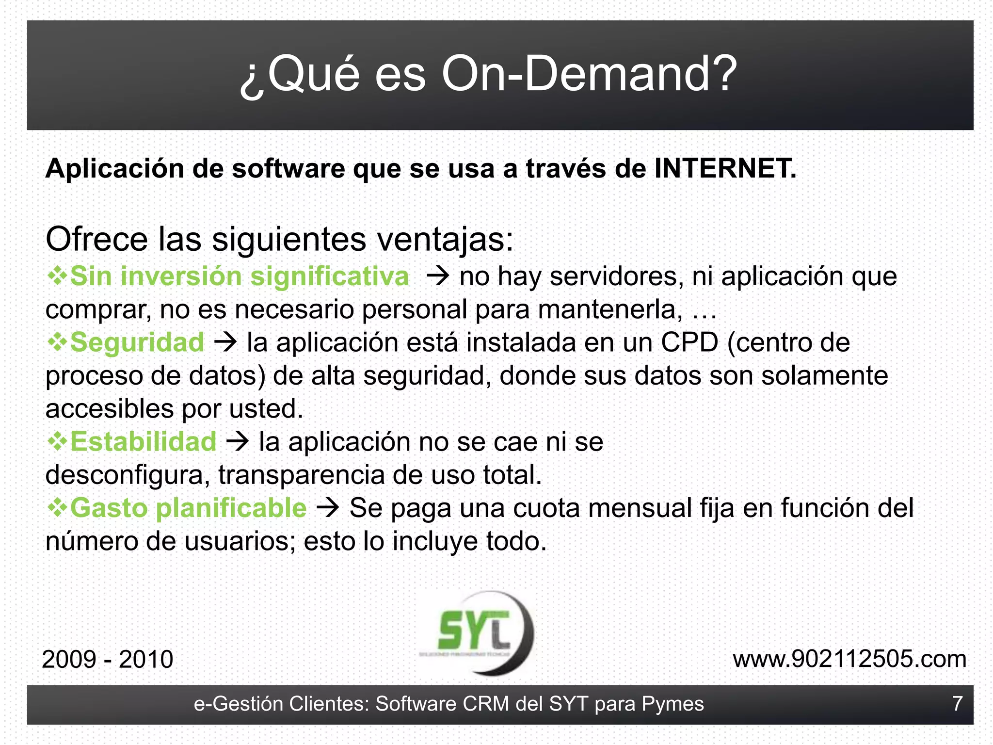 ¿Qué es una aplicación de CRM?Con un CRM tendremos todos los datos (teléfonos, direcciones, productos, características …) y la actividad (ventas, servicios, incidencias, marketing …) de nuestros clientes de forma centralizada, compartida y organizada.