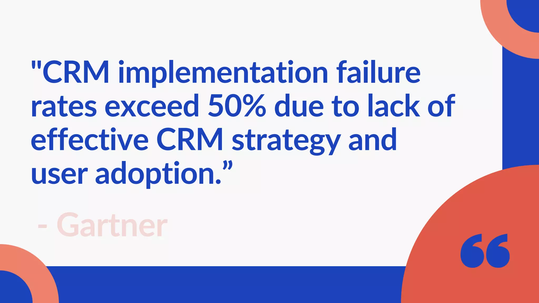 "CRM implementation failure
rates exceed 50% due to lack of
effective CRM strategy and
user adoption.”
- Gartner
 