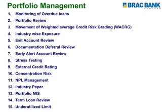 Portfolio Management
1. Monitoring of Overdue loans
2. Portfolio Review
3. Movement of Weighted average Credit Risk Grading (WACRG)
4. Industry wise Exposure
5. Exit Account Review
6. Documentation Deferral Review
7. Early Alert Account Review
8. Stress Testing
9. External Credit Rating
10. Concentration Risk
11. NPL Management
12. Industry Paper
13. Portfolio MIS
14. Term Loan Review
15. Underutilized Limit
 