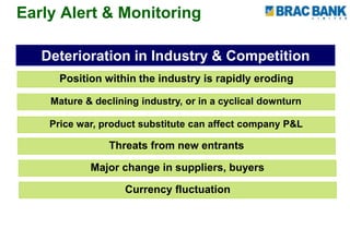 Early Alert & Monitoring
Deterioration in Industry & Competition
Position within the industry is rapidly eroding
Price war, product substitute can affect company P&L
Mature & declining industry, or in a cyclical downturn
Threats from new entrants
Major change in suppliers, buyers
Currency fluctuation
 