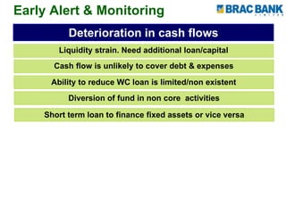 Early Alert & Monitoring
Deterioration in cash flows
Liquidity strain. Need additional loan/capital
Cash flow is unlikely to cover debt & expenses
Ability to reduce WC loan is limited/non existent
Diversion of fund in non core activities
Short term loan to finance fixed assets or vice versa
 