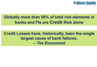 Globally more than 50% of total risk elements in
banks and FIs are Credit Risk alone
Credit Losses have, historically, been the single
largest cause of bank failures.
– The Economist
 