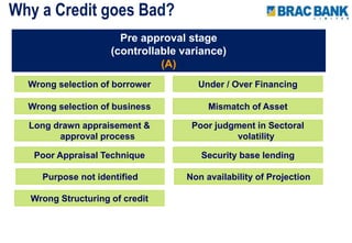 Why a Credit goes Bad?
Pre approval stage
(controllable variance)
(A)
Wrong selection of borrower
Wrong selection of business
Long drawn appraisement &
approval process
Poor Appraisal Technique
Purpose not identified
Wrong Structuring of credit
Under / Over Financing
Mismatch of Asset
Poor judgment in Sectoral
volatility
Security base lending
Non availability of Projection
 