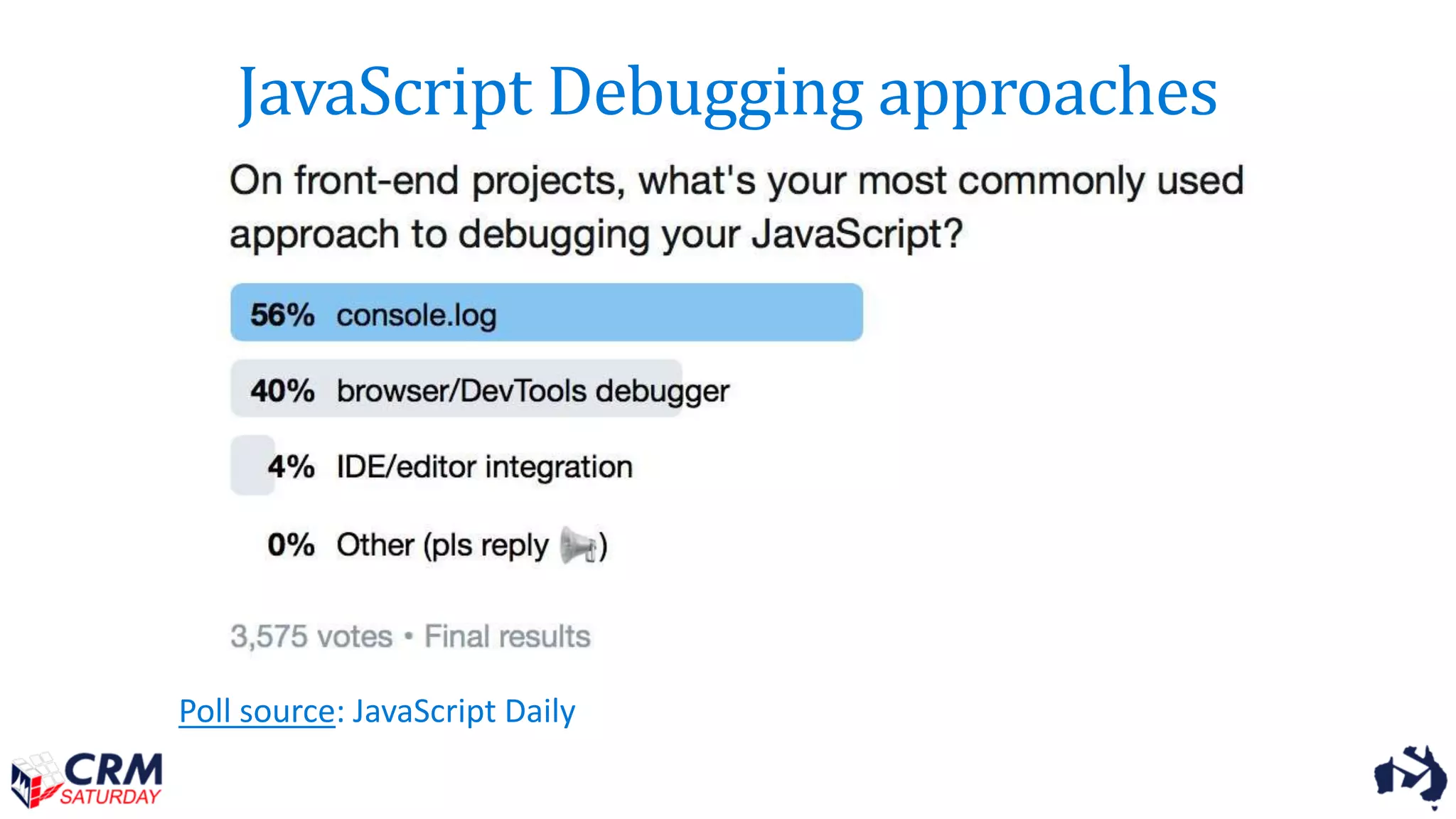 JavaScript Debugging approaches
Poll source: JavaScript Daily
 