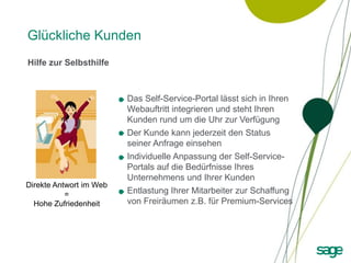Glückliche Kunden
Hilfe zur Selbsthilfe



                         Das Self-Service-Portal lässt sich in Ihren
                         Webauftritt integrieren und steht Ihren
                         Kunden rund um die Uhr zur Verfügung
                         Der Kunde kann jederzeit den Status
                         seiner Anfrage einsehen
                         Individuelle Anpassung der Self-Service-
                         Portals auf die Bedürfnisse Ihres
                         Unternehmens und Ihrer Kunden
Direkte Antwort im Web
           =             Entlastung Ihrer Mitarbeiter zur Schaffung
  Hohe Zufriedenheit     von Freiräumen z.B. für Premium-Services
 