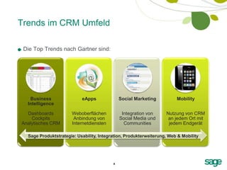 Trends im CRM Umfeld

 Die Top Trends nach Gartner sind:




   Business                eApps              Social Marketing          Mobility
  Intelligence

  Dashboards          Weboberflächen           Integration von     Nutzung von CRM
    Cockpits           Anbindung von          Social Media und      an jedem Ort mit
Analytisches CRM      Internetdiensten          Communities         jedem Endgerät

  Sage Produktstrategie: Usability, Integration, Produkterweiterung, Web & Mobility




                                          9
 