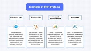 Examples of CRM Systems
Salesforce CRM HubSpot CRM
Recognized for its
versatility and scalability,
the Salesforce CRM
platform helps businesses
manage customer data,
sales operations, and
marketing campaigns.
Microsoft
Dynamics CRM
Zoho CRM
HubSpot CRM is widely
recognized for its user-
friendly interface and
integration capabilities
with marketing, sales, and
service tools, making it a
popular choice.
A robust CRM platform
that offers integration with
Microsoft's suite of
business apps, making it
an attractive option for
enterprises seeking an all-
in-one solution.
Zoho CRM is known for its
affordability and extensive
feature set, with modules
for sales automation,
marketing automation,
customer support, and
analytics.
 