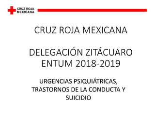 CRUZ ROJA MEXICANA
DELEGACIÓN ZITÁCUARO
ENTUM 2018-2019
URGENCIAS PSIQUIÁTRICAS,
TRASTORNOS DE LA CONDUCTA Y
SUICIDIO
 