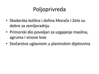 Poljoprivreda
• Skadarska kotlina i dolina Morače i Zete su
dobre za zemljoradnju
• Primorski dio povoljan za uzgajanje maslina,
agruma i vinove loze
• Stočarstvo uglavnom u planinskim dijelovima
 