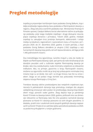 37
Izvještaj je pripremljen korišćenjem baze podataka Giving Balkans, koja i
dalje predstavlja najpouzdaniju bazu podataka o ﬁlantropskom davanju u
regionu. Zbog odsustva zvaničnih podataka (npr. Ministarstva ﬁnansija ili
Poreske uprave), Catalyst Balkans koristi alternativne načine za prikuplja-
nje podataka, prije svega medijske izvještaje i druge dostupne resurse,
poput izvještaja donatora i primalaca. Tokom 2020. godine, medijski
izvještaji su sakupljani kroz praćenje štampanih, elektronskih i onlajn
medija na lokalnom, regionalnom i nacionalnom nivou u Crnoj Gori, od 1.
januara 2020. do 31. decembra 2020. godine. U ovom periodu, u bazi
podataka Giving Balkans obrađeno je ukupno 2.562 izvještaja u vezi
humanitarnih davanja koja potiču od svih tipova donatora, od čega je bilo
1.446 jedinstvenih instanci.
Ova metodologija ima ograničenja, naročito imajući u vidu da mediji ne
bilježe sva ﬁlantropska davanja. Ipak, vjerujemo da naše istraživanje pruža
dovoljno pouzdan uvid u suštinske aspekte ﬁlantropskog davanja jer
brojke, iako nisu sveobuhvatne, nude minimalnu vrijednost za relevantne
indikatore. Ako, na primjer, govorimo o broju ﬁlantropskih instanci,
možemo sa sigurnošću tvrditi da je broj koji prikazujemo minimalan broj
instanci koje su se desile. Isto važi i za druge činioce, kao što su iznosi i
akteri. Stoga se ovi podaci mogu koristiti kao pokazatelji minimalnog
stepena razvoja ﬁlantropije u Crnoj Gori.
Trendove davanja obično predstavljamo bez netipičnih vrijednosti (npr.
nesreća ili jednokratnih donacija koje premašuju značajan dio ukupno
zabilježenog iznosa) jer takvi podaci ne predstavljaju davanja koja lokalni
akteri mogu ponoviti svake godine. Zbog dejstva koje je pandemija
Kovid-19 imala na davanja tokom 2020. godine, poštovali smo sve dimen-
zije relevantne za ﬁlantropiju tako što smo posebno razmatrali davanja
povezana sa Kovid-19 i davanja povezana sa svim drugim povodima. U
dodatku, pratili smo i analizirali trend ukupnih godišnjih davanja nepove-
zanih sa Kovid-19 kako bi se zadržala opšta uporedivost podataka za 2020.
sa podacima prikupljenim u ranijim godinama.
Pregled metodologije
 